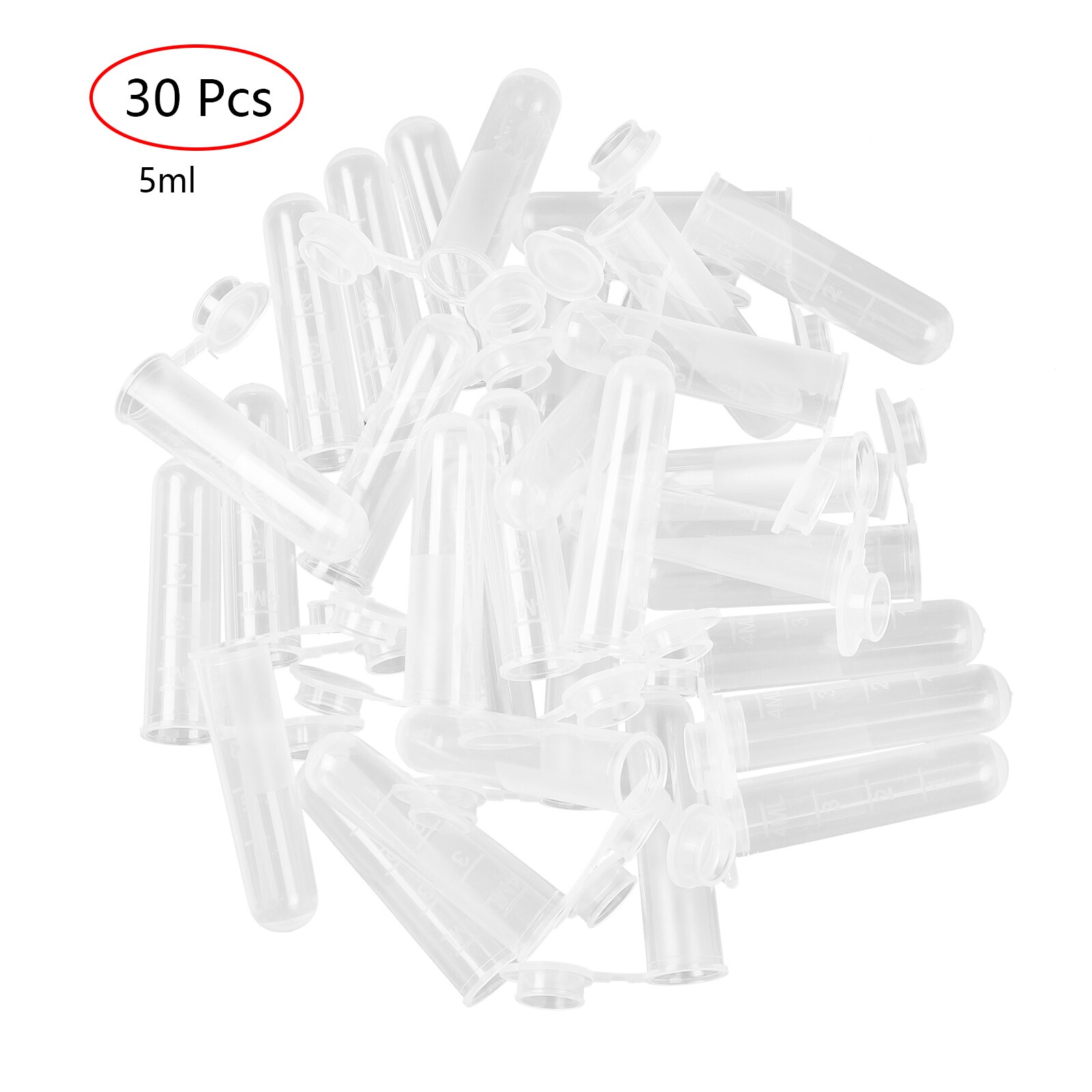 30 kleine testflesjes kweekbak van helder plastic microcentrifugebuis met schaalverdeling, lekvrije monsterpot, vloeistofextractiecontainer: 5ml capaciteit