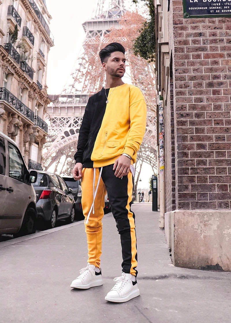 Conjunto de 2 piezas de manga larga con cuello redondo sudadera deportiva conjunto de ropa de deporte para hombre, traje deportivo, entrenamiento para hombre, ropa deportiva, sudaderas con capucha + Pantalones: Amarillo / L