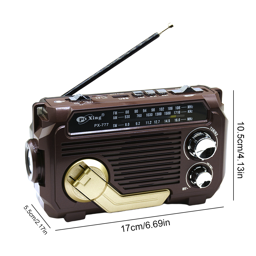 Radio de emergencia con manivela de PX-777, Radio portátil con energía Solar, banda AM/FM/SW con linterna LED, altavoz BT para emergencias: Plata