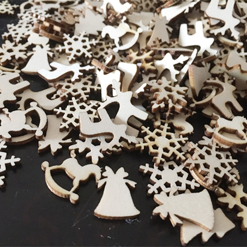50pcs Natural Wood Christmas Ornaments Pendant Hanging Reindeer Tree Snowflakes Xmas Year Decor Home Decoration 62854: A