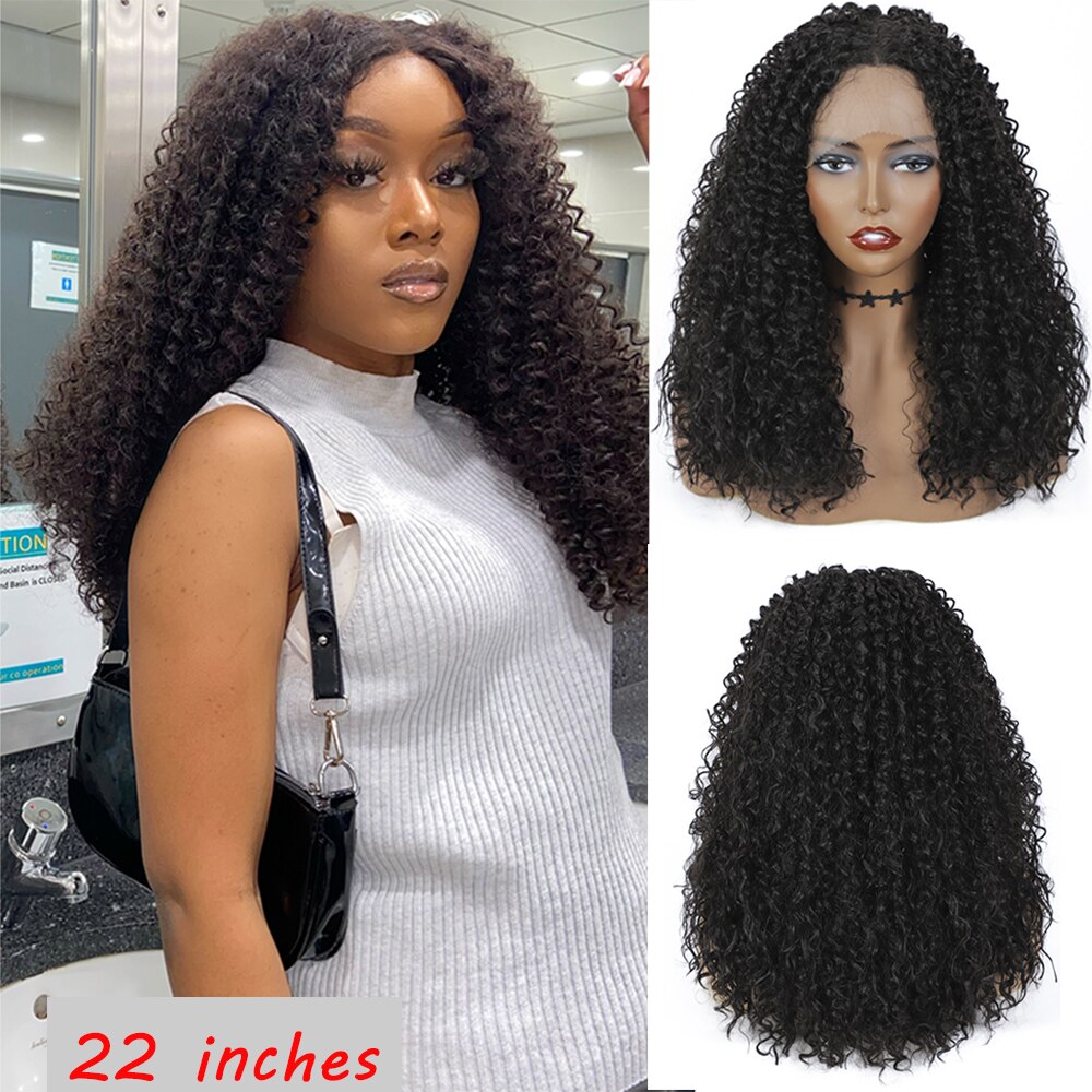 Afro Kinky Curly Lace Front Wig Natural Color SOKU Middle Part Heat Resistant Hair Synthetic Lace Front Wigs For Black Woman