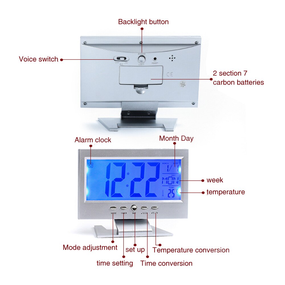 LCD Display Digital Snooze Function Electronic Alarm Clock Rectangle Shape Temperature Backlight Battery Powered Desk Bedroom: Sliver