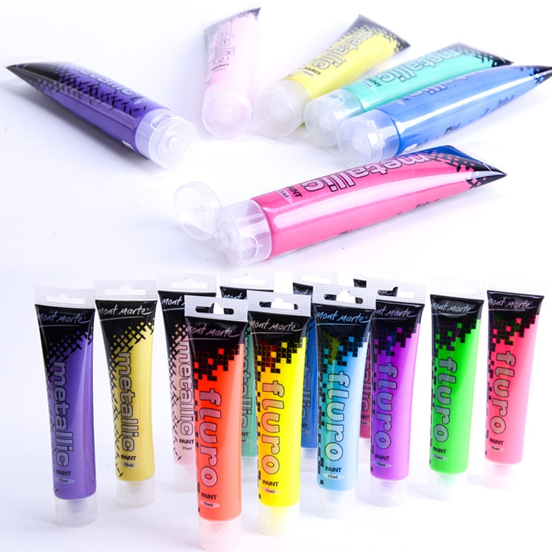 Akrylmaling sæt 6/10 farver 75ml metallisk farve glitter fluorescerende til tøj tekstilstof maling til tegning kunsthåndværk