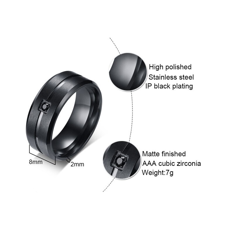 Kotik 8Mm Black Wedding Band Roestvrij Staal En Vierkante Bezel Cz Gegroefde Inlay Mannen Ring Comfort Fit Afgeschuinde Mannelijke sieraden
