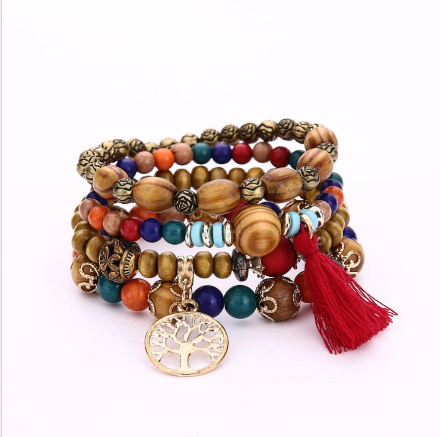 Charm Bracelets for Women Men Multilayer Wooden Beads Wristband Bracelets & Bangles Pulseira Boho Jewelry: Red