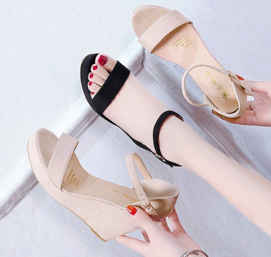 Kvinnor skor platå sandaler kvinnor peep toe hög kilar klack ankel spännen sandalia espadrilles kvinnliga sandaler skor