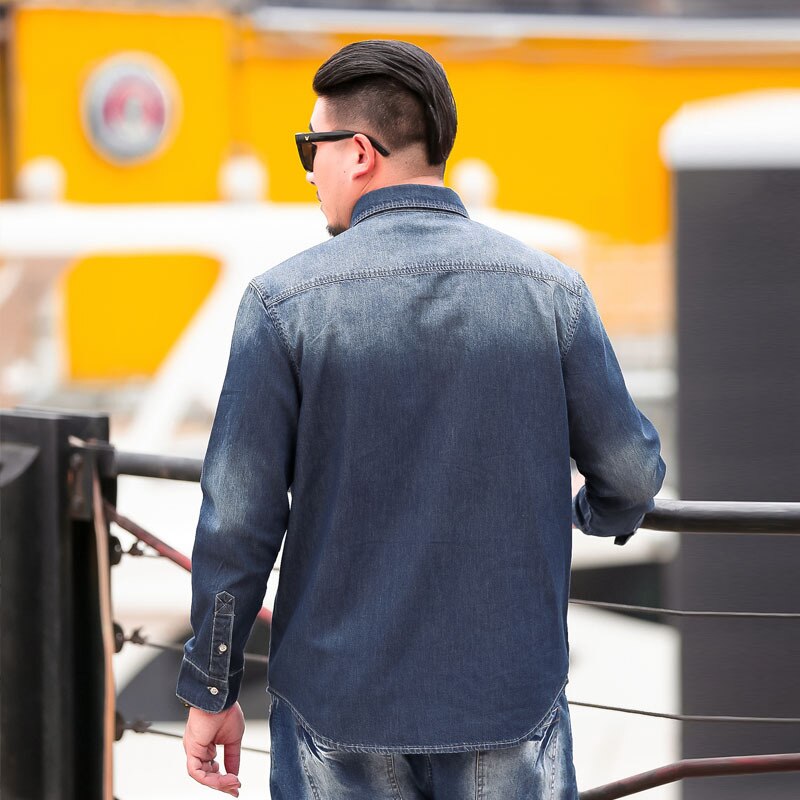 Pluss størrelse 8xl 6xl 5xl vår høst uformelle denimskjorter herre løs passe merkeklær stor stor størrelse fast bomullsskjorte