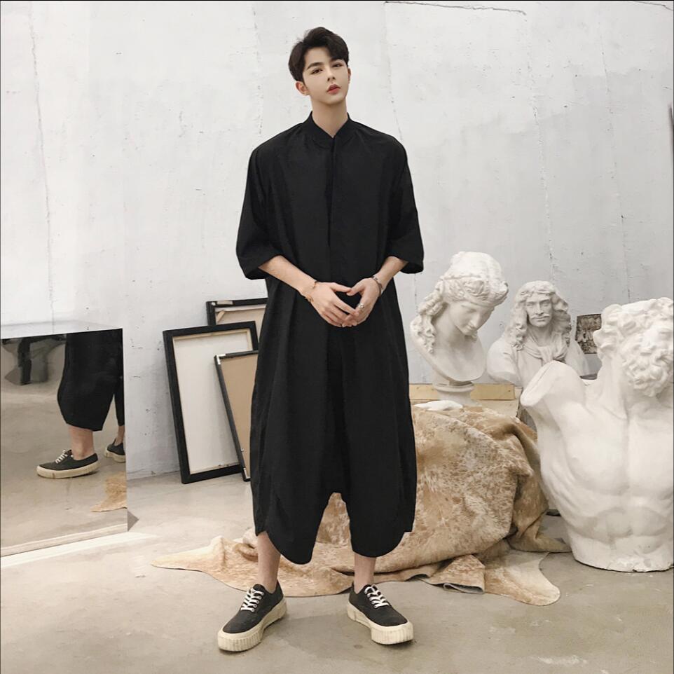 ! Men Summer Korean Personality Siamese Pants Loose Bodysuit Set Overalls Hairstylist Rompers Costumes: L