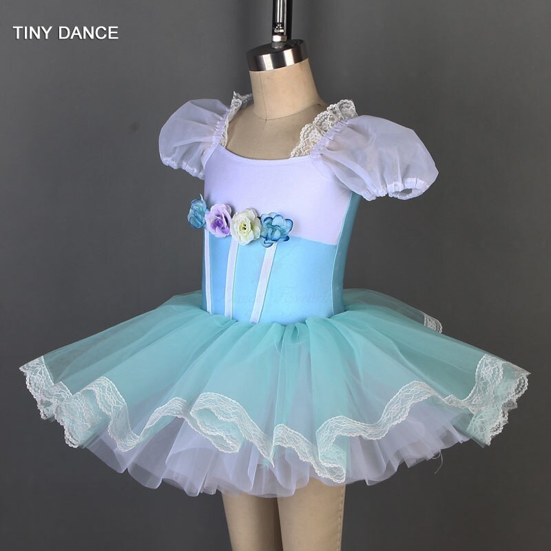 Puff Sleeve Ballet Dance Tutu Sky Blue Ballerina Dance Costume Leotard Dress Performance Costumes for Girls Dance Wear 19801