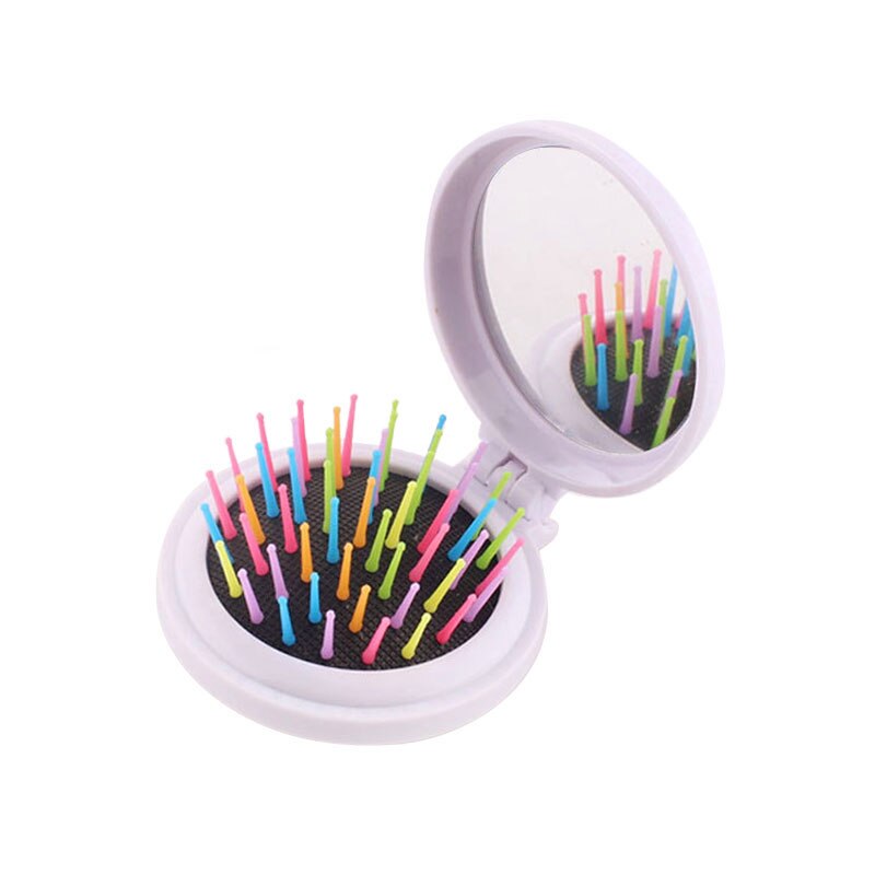 Peine plegable portátil de bolsillo redondo para niña, peine de masaje de viaje de tamaño pequeño, cepillo para el pelo con espejo, herramientas de estilismo, 7 colores, TSLM1: white