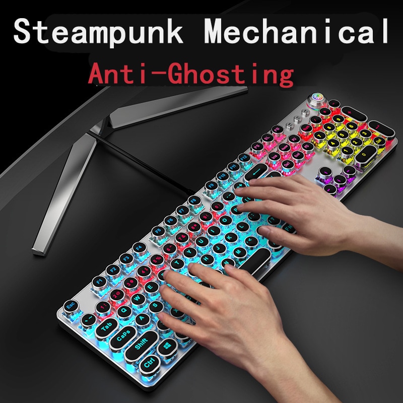 Punk Gaming Mechanical Keyboard Keys Multimedia Knob Steampunk Keyboards Metal panel for Laptop Desktop US Russian Sticker