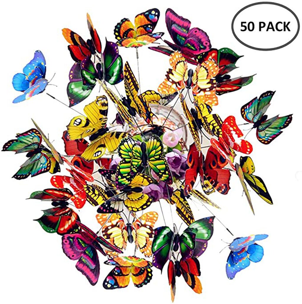 50pcs Colorful Garden Butterflies Stakes Patio Butterfly Ornaments On Sticks Plant Decoration Garden Ornament