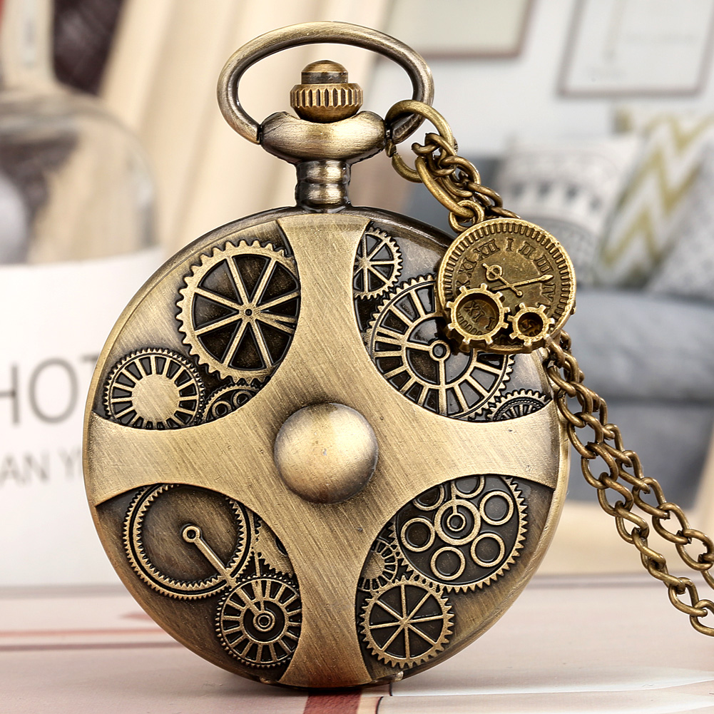 Reloj de bolsillo Vintage para hombre y mujer, cadena colgante de reloj de cuarzo con patrón de grabado de engranaje hueco, de bronce,