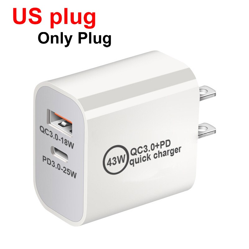 PD Charger 43W QC3.0 Quick Charge3.0 USB Type C Fast Charger for iPhone 13 Pro Max 12 11 Xiaomi HUAWEI Samsung Phone UK/AU/EU/US: US plug