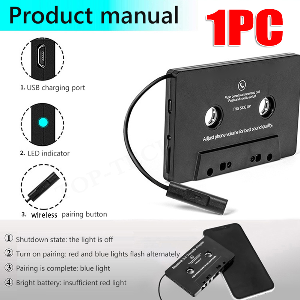 Conversor sem fio Bluetooth para fita do carro, adaptador de áudio estéreo HiFi com microfone, AAC, MP3, SBC, 3.5mm AUX, Bluetooth 5.0: Branco