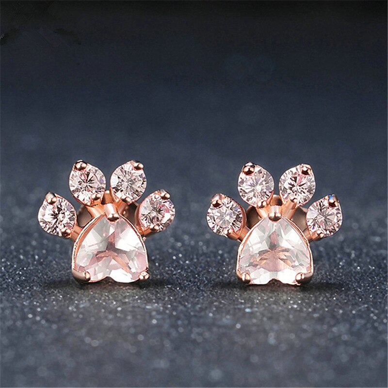 SIPENGJEL Cute Pink Zircon Cat Paw Earrings Trend Bear And Dog Paw Pink Claw Stud Earrings For Women Jewelry