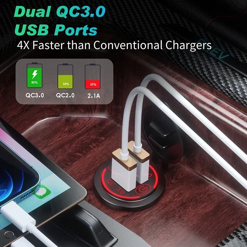 Quick Charge 3.0 Dual USB Fast Car Charger Socket accessori presa di corrente impermeabile 12V/24V QC3.0 con interruttore tattile e luce a Led