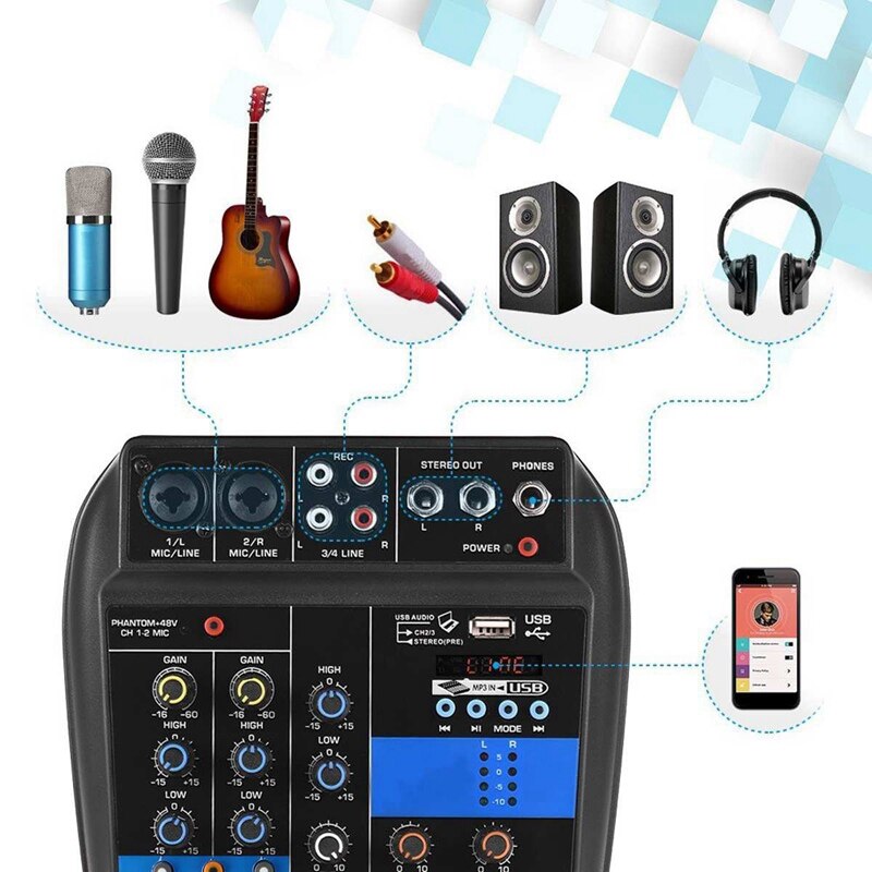 Small Mixer 4 Channel Bluetooth MP3 Reverb Effect USB Mini Mixing Console Audio Mixer Amplifier (US Plug)