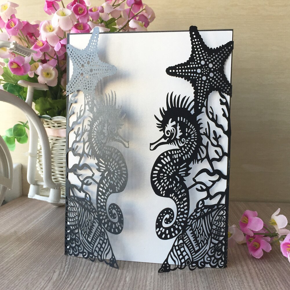 1Pcs Glossy Paper Beach Theme Wedding Party Invitations Cards Seahorse Wedding Cards Bridal Shower Invitation Wedding Supplies