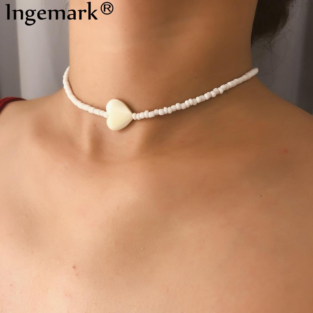 Ingemark Choker Necklace - Heart Pendant - Rice Beads & Shell Powder Chain for Women