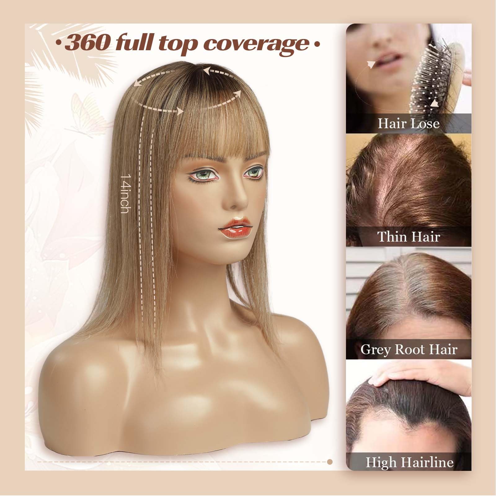Ombre Braune Echthaar-Deckel-Perücken mit Pony, Seidenbasis-Clip-Stücke, 35,6 cm, gerade Deckel-Haare für Damen-Haarverlängerung