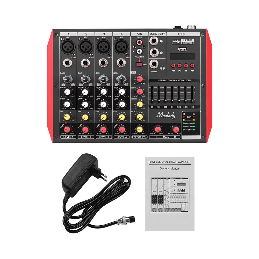 Muslady D6 6-Channel Mixing Console Mixer 7-band EQ Built-in48V Phantom Power Supports BT Connection USB MP3 Player for Karaoke: 6-Channel-EU