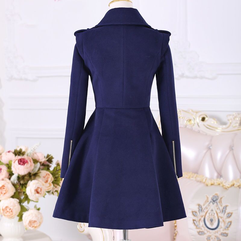 Autumn Winter Women Coats Dark Blue Lady Clothing Zipper Woolen Coat Mid-length Slim
