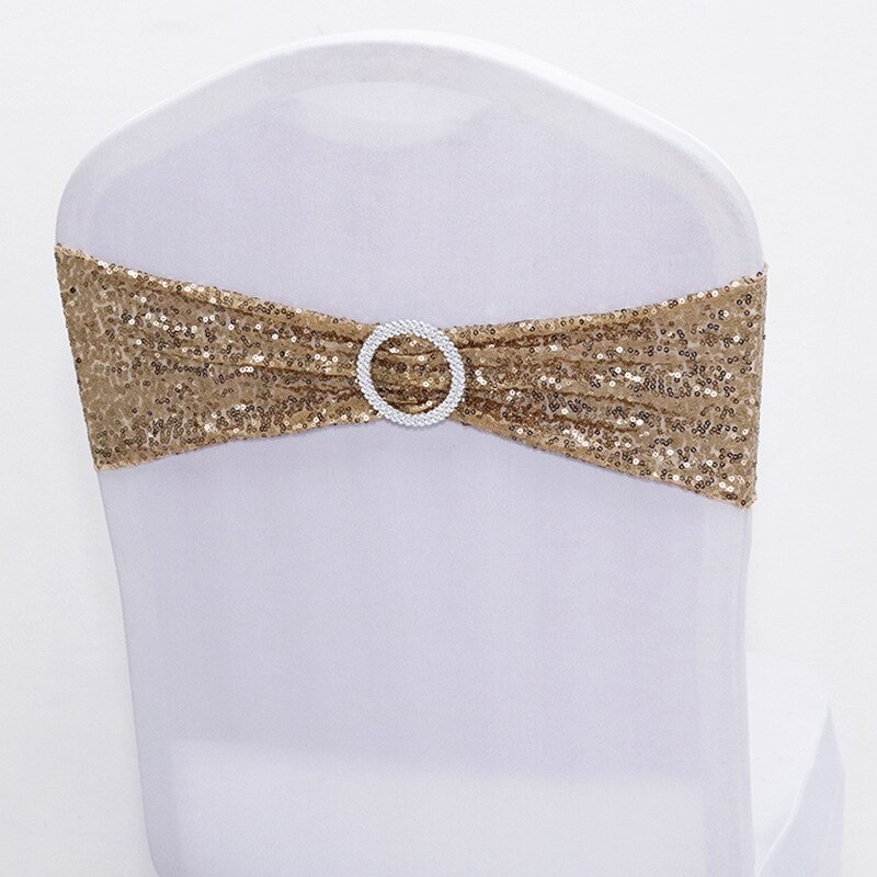 Sequin Chair Bands Stretch Spandex Chair Sash Band with Round Buckle for Wedding Events Banquet Decoration Party Supply: LightGold Chair Band