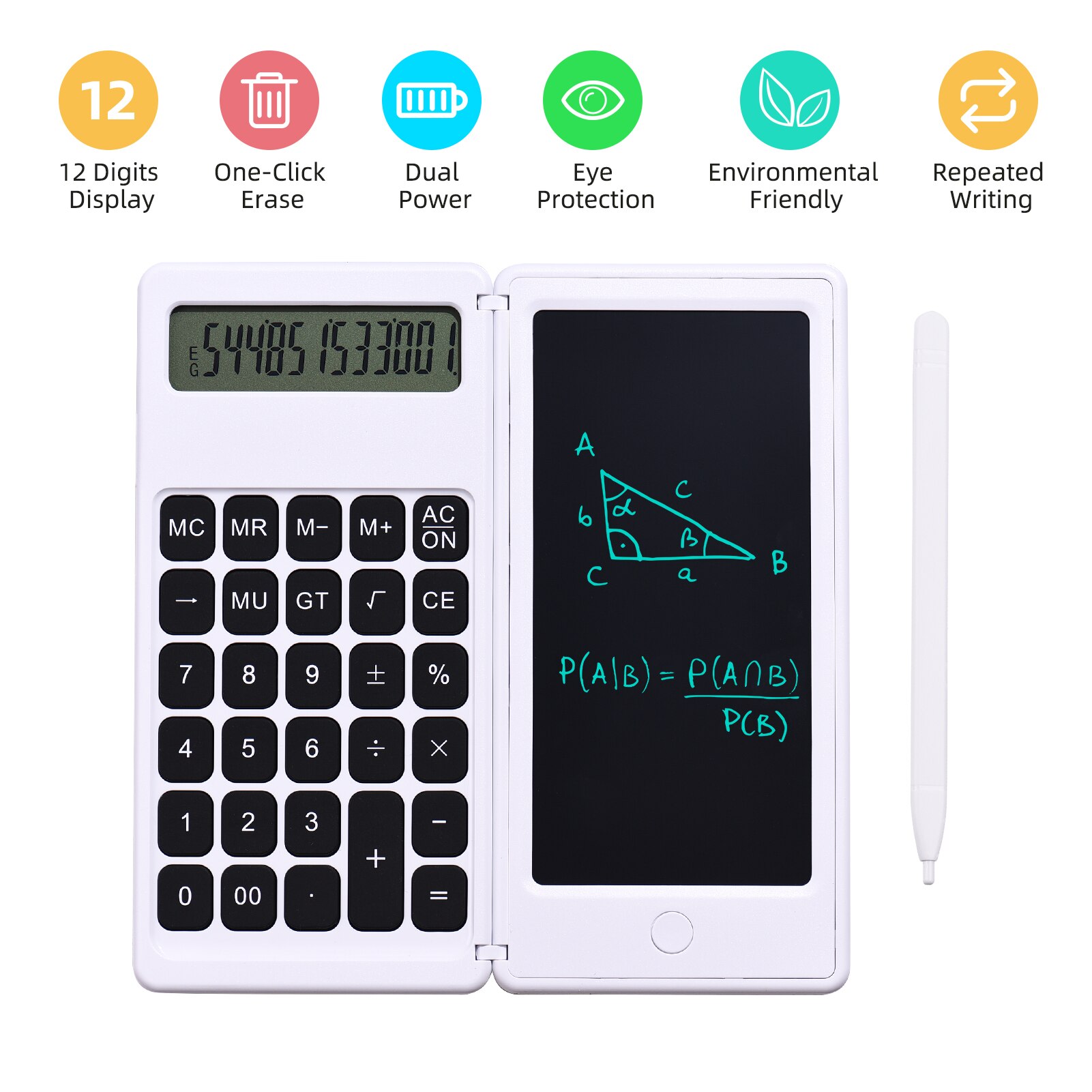 6 Inch LCD Writing Tablet Foldable Calculator Digital Drawing Pad 12 Digits Display with Stylus Pen Erase Button for School