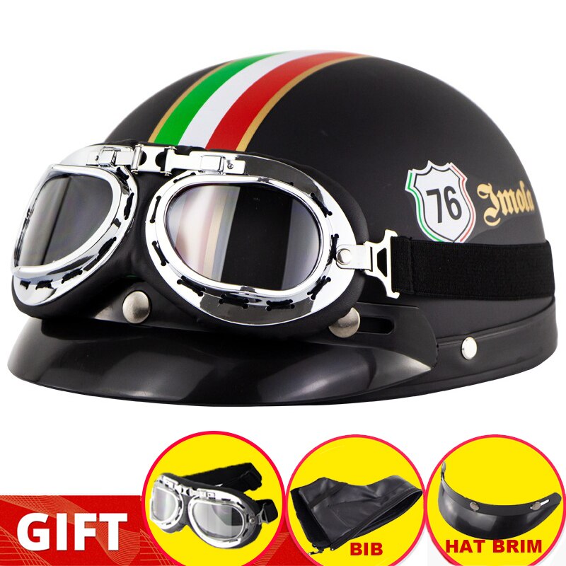 Retro Motorcycle Half Helmet Riding Vintage Cruiser Touring Half Helmets Moto Bicycle Scooter Skating Baseball Cap with Goggles: Red green