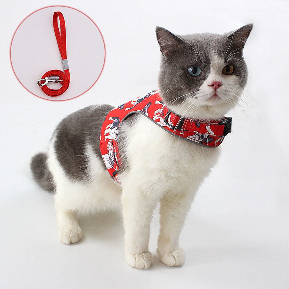 Polyester huisdier kat reflecterende mesh riem draagbare buiten huisdier kat hond wandelriem katten harnas uitschuifbare hondenriem touw: Rood / Xs