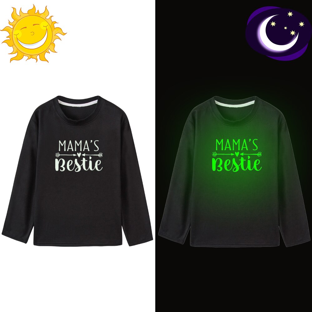 Mãe bestie impressão luminosa crianças tshirt da criança meninas engraçado de manga comprida brilho no escuro camiseta casual menina noctilucent t camisa: 12 m