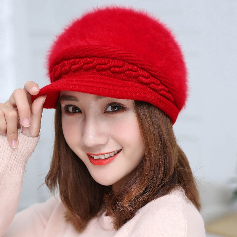Women Warm Fleece Inside Twist Crochet Knitted Visors Cap Autumn Winter Brim Wool Hat Solid Color Soft Beanie Female