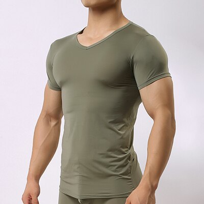 Sexy Ultra-thin Sheer Man Fitness Polyester Undershirts Gay Ice Silk V-neck Transparent Shirts Size S M L XL: Army Green / XL