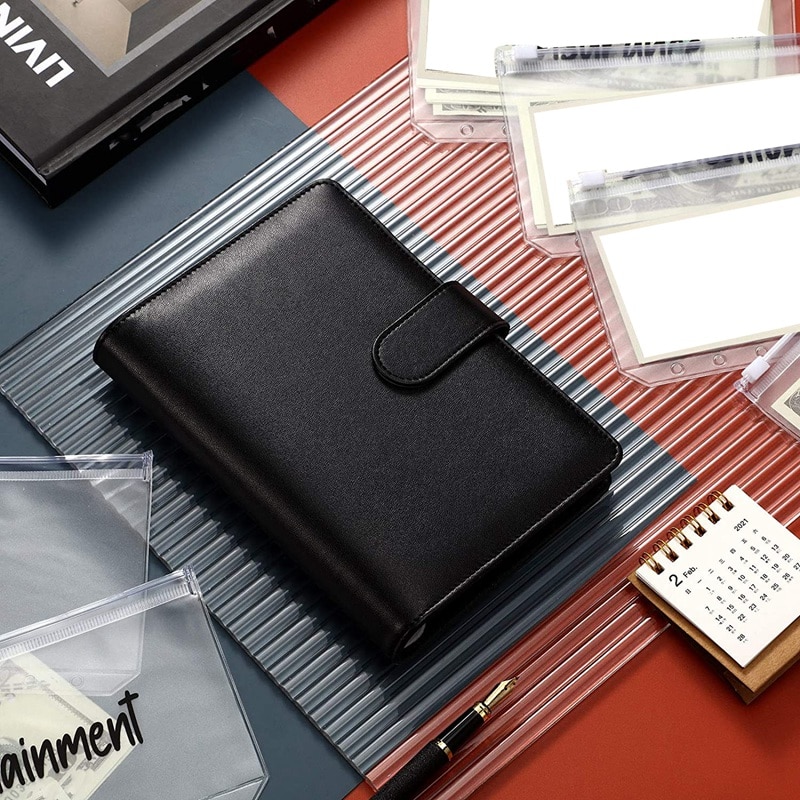 A6 PU Leather Notebook Magnetic Personal Planning Binder with 12 Binder Pockets Binder Zipper Folder for Bill Planning