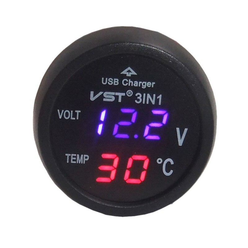 3 In 1 Digitale Led Auto Voltmeter Thermometer Auto Usb Lader 12V/24V Temperatuur meter Voltmeter Sigarettenaansteker: Blue Red