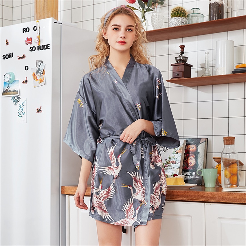 Dames losse pyjama haori satijnen kraan kimono jurk print v-hals nachtkleding jurk nacht traditionele japanse stijl yukata gewaad