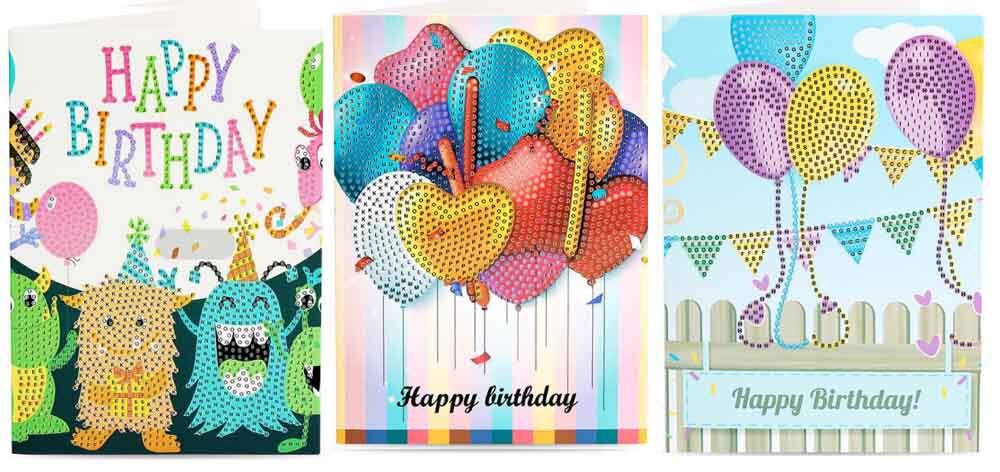Cartes de vœux joyeux anniversaire diamant peinture | Rond 5d, kits de cartes de vœux, peinture diamant, broderie diamant, 13x18cm: Mix3 3pcs