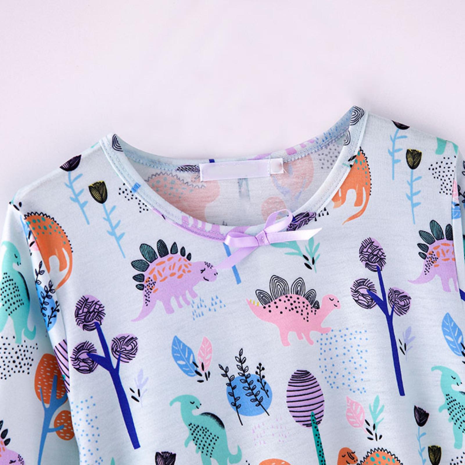 Ropa de dormir práctica multifuncional para niñas de verano de manga larga con cuello redondo estampado de dinosaurio de algodón