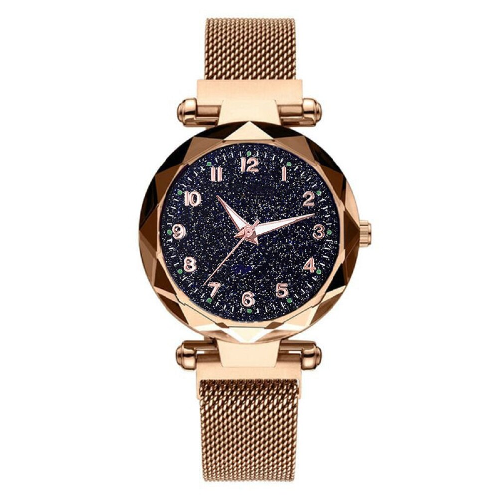 Women watch wild Starry Round Dial sky numeral Milan Magnetic Clasp Ladies Geometric Roman Numeral Quartz Analog Watch: Golden