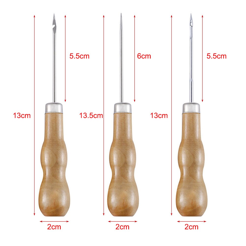 Poinçon de couture pour poignée en bois, outil de bricolage, aiguille de couture, cône, pochoirs de réparation de chaussures en toile, poinçon de cuir pour cordonnier, 3 pièces