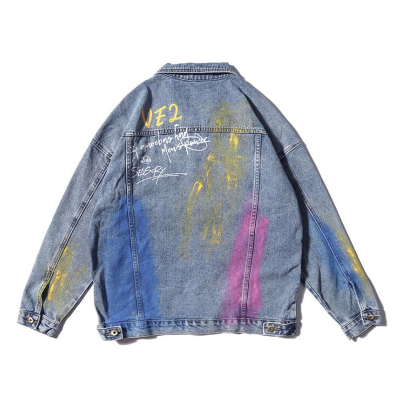 Rainbow Graffiti Vlam Print Denim Jassen Streetwear Hip Hop Casual Bomber Jean Jacket Jassen Tops Blauw Zwart