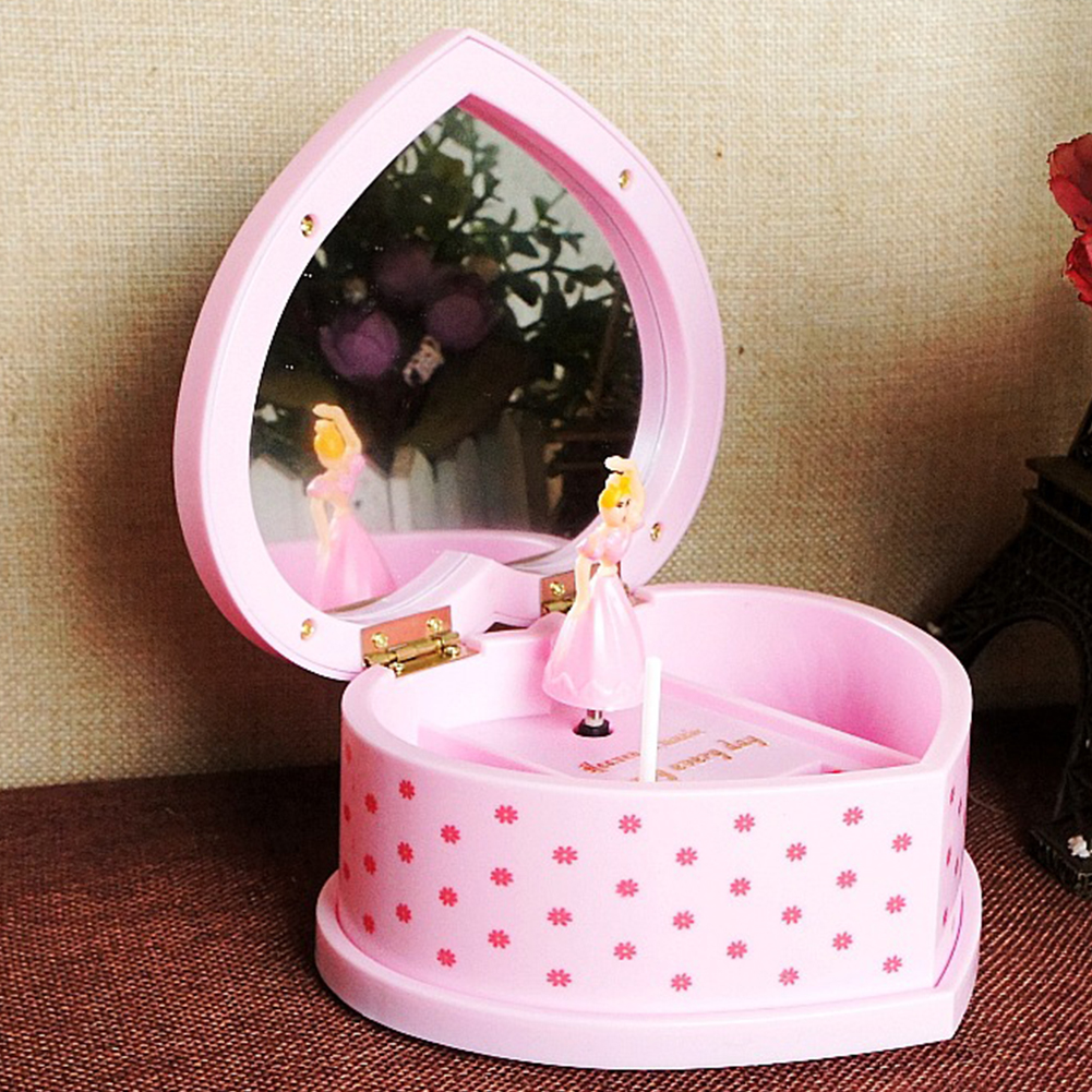 Caixa de música mecânica para aniversário, caixa de música mecânica giratória em forma de coração e com espelho de balerina, armazenamento de joias em casa, adorável: Rosa