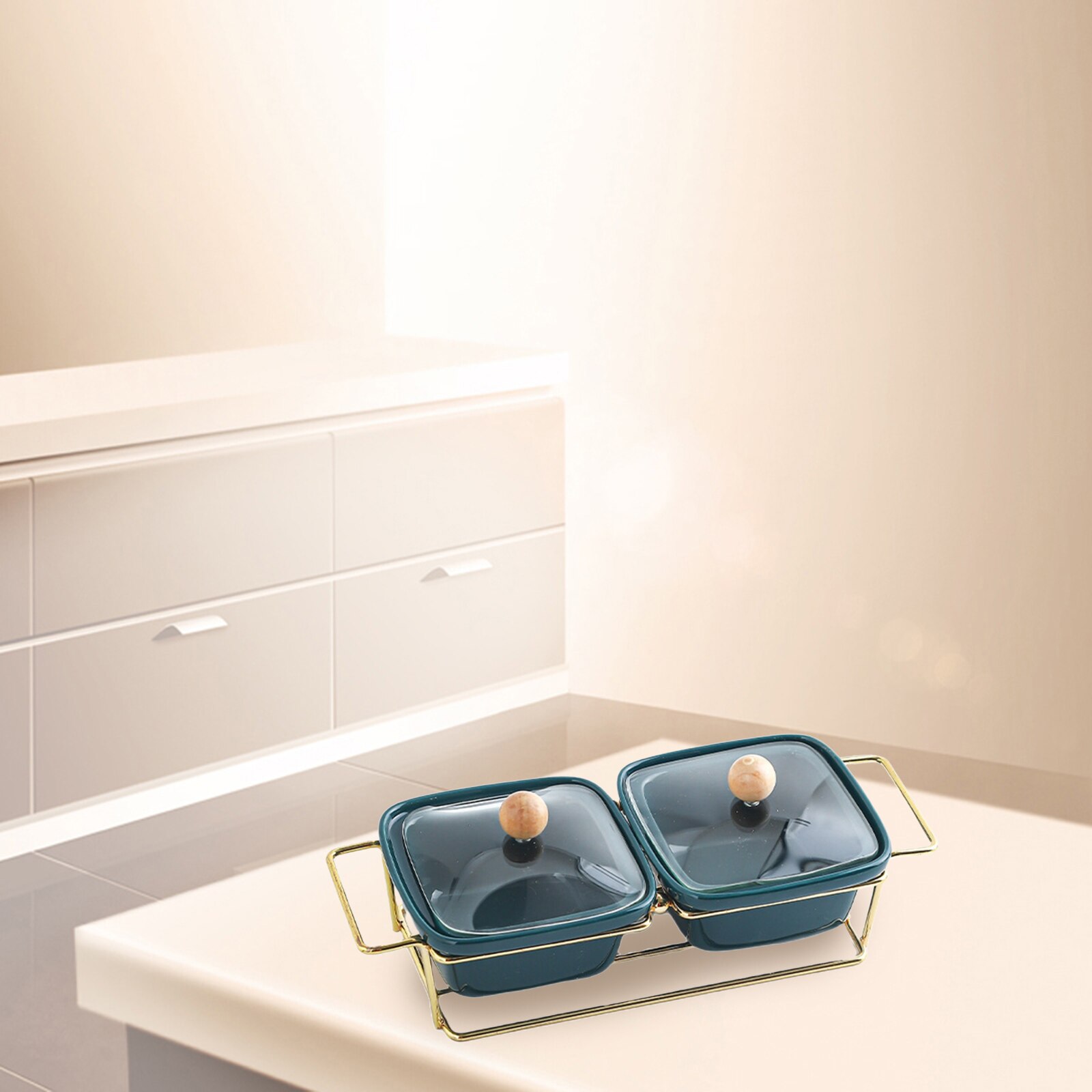 Ceramic Snacks Platter Glass Lid Moisture-proof Serving Bowl Divided Metal Rack for Nuts Candy Desserts: 2 grid green