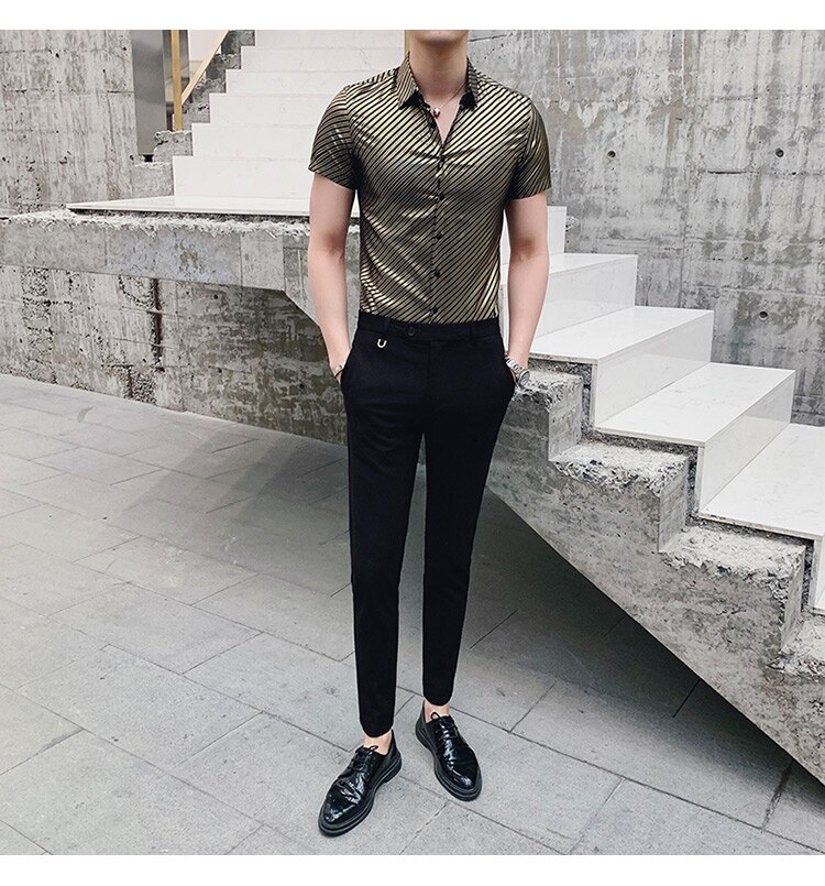 Mwxsd nachtclub heren gestreepte overhemden heren korte mouwen glanzend bronzing bedrukt slim fit overhemd heren casual slim fit overhemd