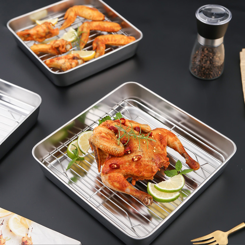 Square Stainless Steel Baking Pan with Grid Plate Bakeware BBQ Tools Chicken Roaster Rack Home Kitchen Cooking Baking Tray Dish