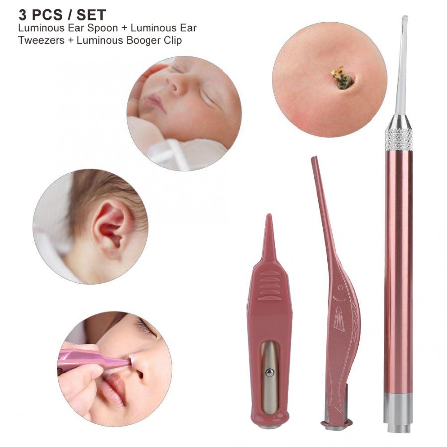 Stainless Steel LED Ear Spoon Ear Wax Tweezers Luminous Booger Clip Set Ear Nose Care Tool Ear Care Kit l