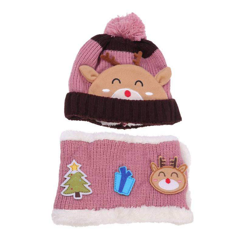 Baby Deer Pattern Hat Set Kid Winter Knitting Wool Yarn Scarf Kit Outdoor Warm Headwears for Children Warm Kids Neckerchief: Pink
