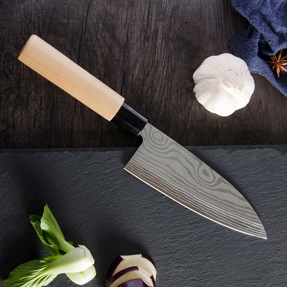 XYj 4pcs Japanese Style Stainless Steel Knives Set Damascus Veins Blade Wood Handle Chef Santoku Chopping Sashimi Knife Sushi