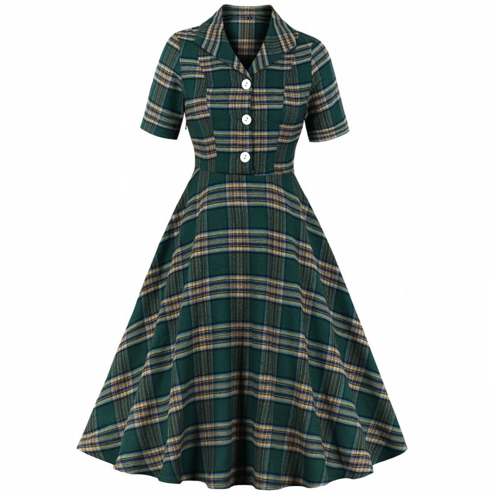 Summer Women Clothing Summer Retro 50s 60s Plaid Swing Dress Female Rockabilly Party Midi Dresses Vintage Tunic Vestidos: XXL
